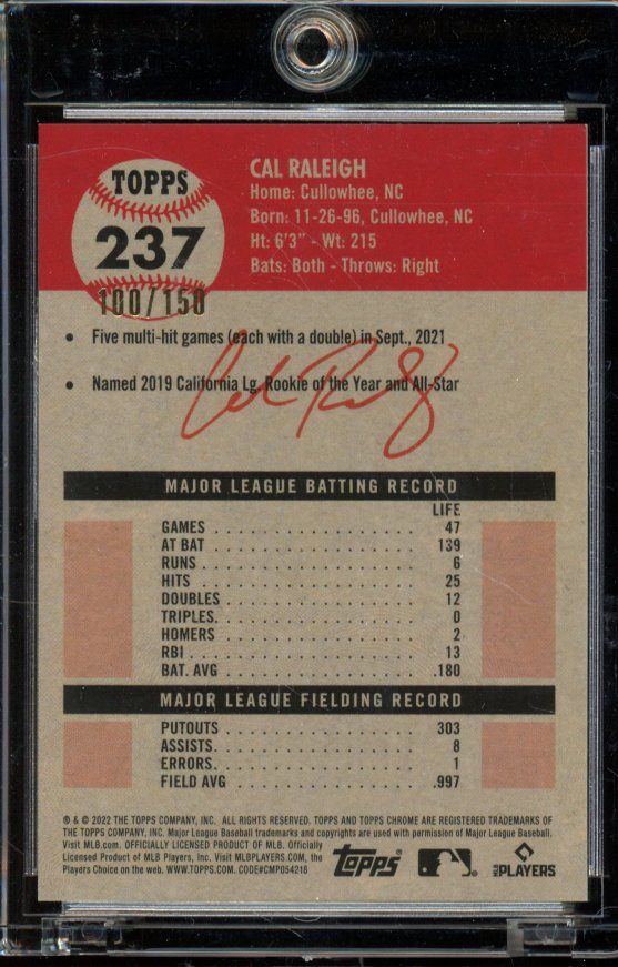 2022 Topps Chrome Platinum Cal Raleigh Rookie Diamond /150