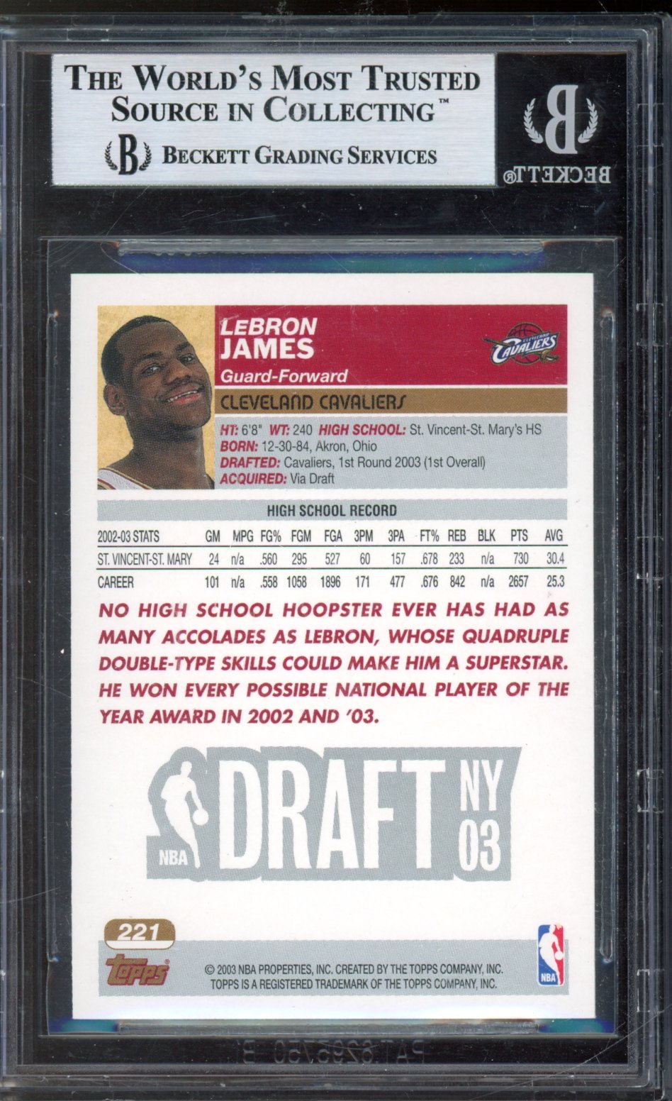 2003-04 Topps Lebron James Rookie BGS 9