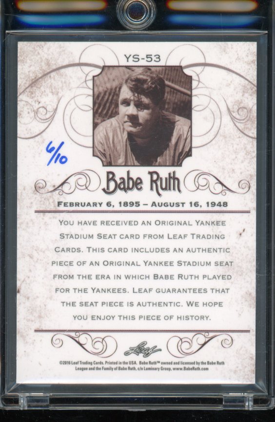 2016 Leaf Babe Ruth Yankee Seat /10