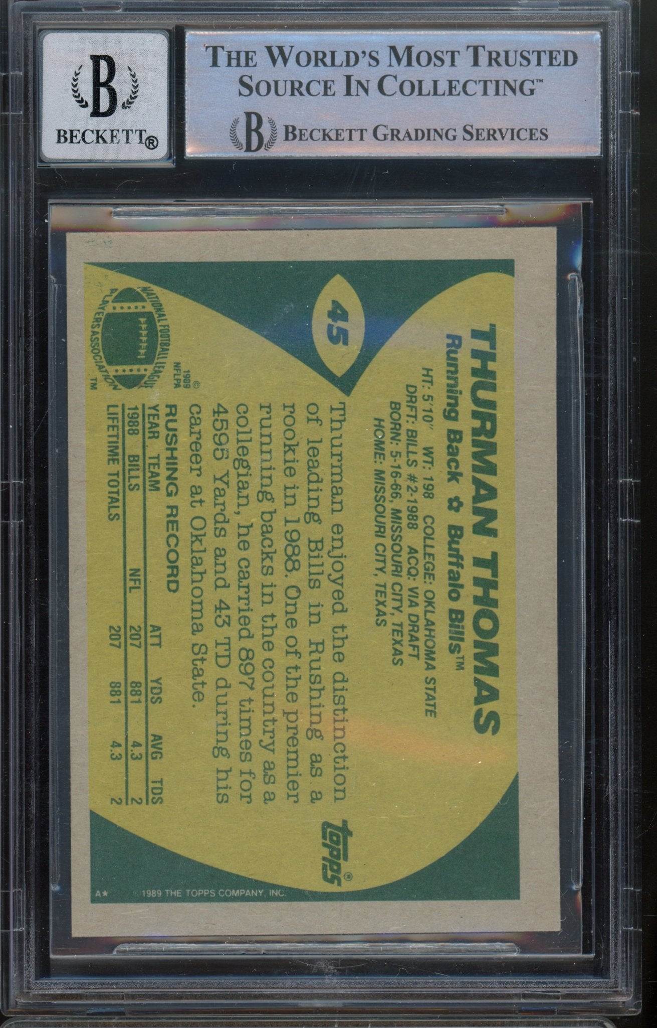 1989 Topps Thurman Thomas BGS 10 AUTO RC