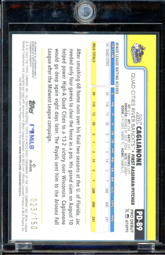 2025 Topps Pro Debut Jac Caglianone Blue Auto /150