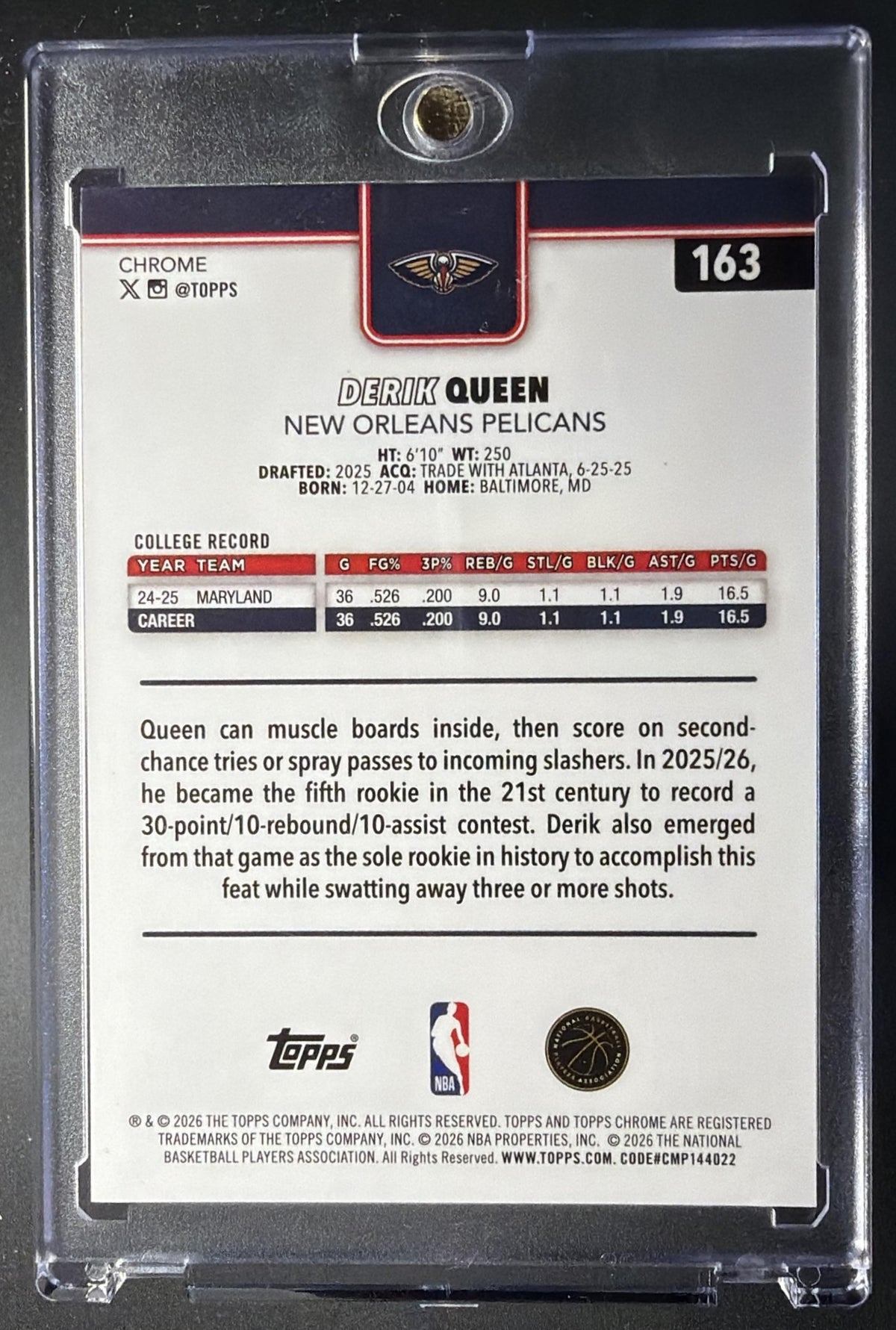 2025-26 Topps Chrome Update Derik Queen #163 Black Geometric Refractor 7/10 RC