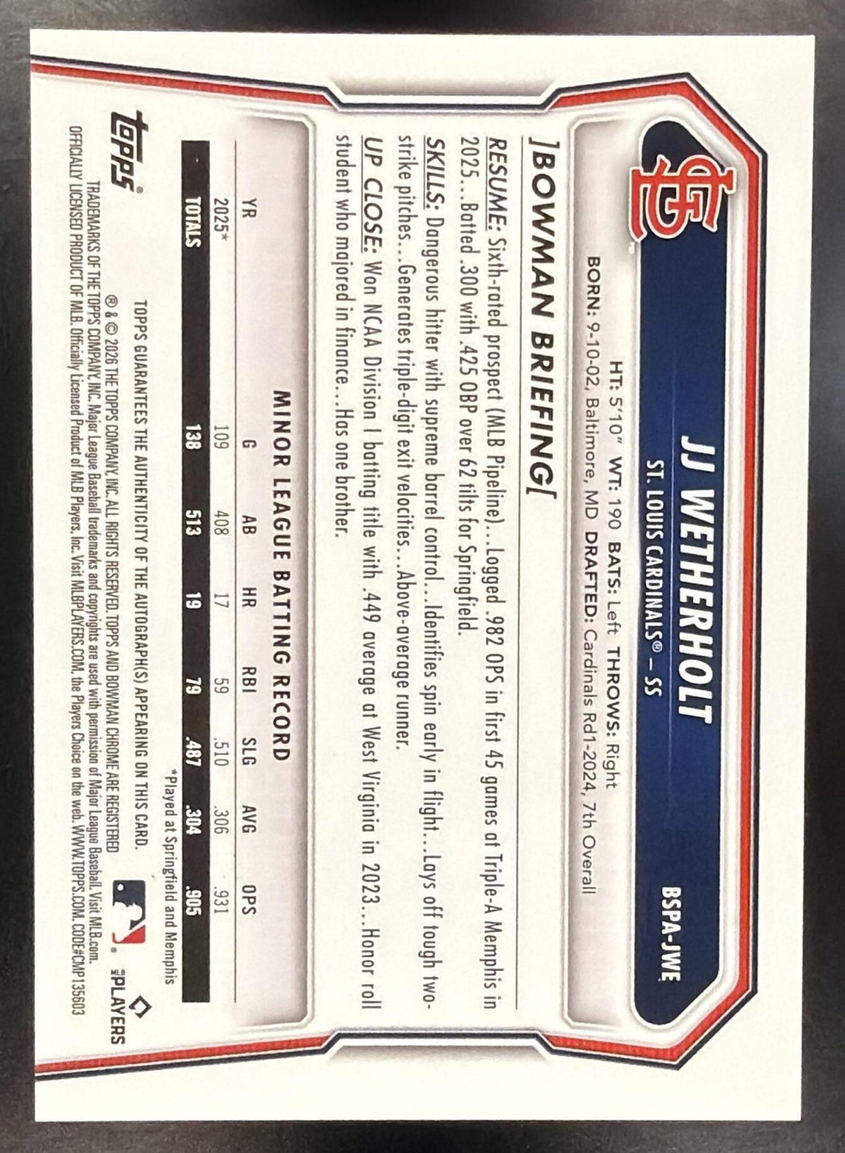 2026 Bowman Sapphire JJ Wetherholt #BSPA-JWE Chrome Prospects Auto 82/199