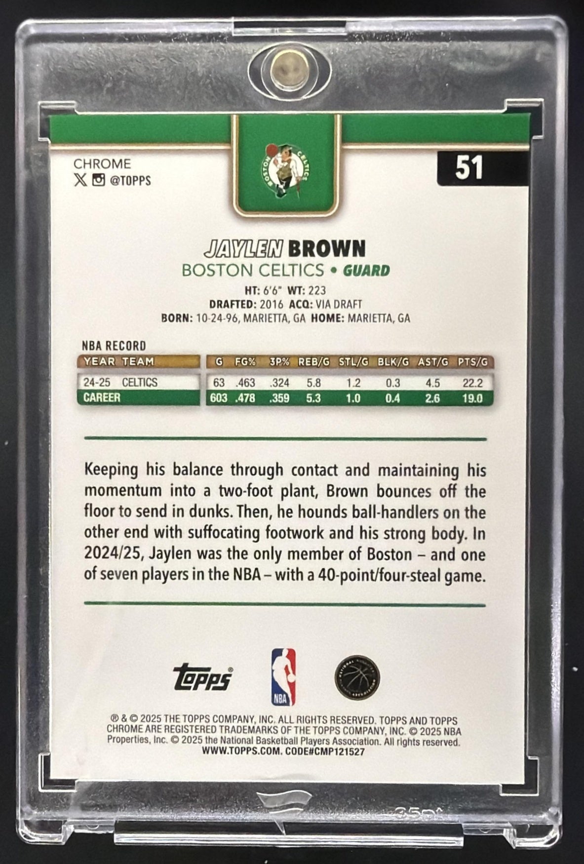 2025-26 Topps Chrome Jaylen Brown #51 Black Wave Refractor 4/10