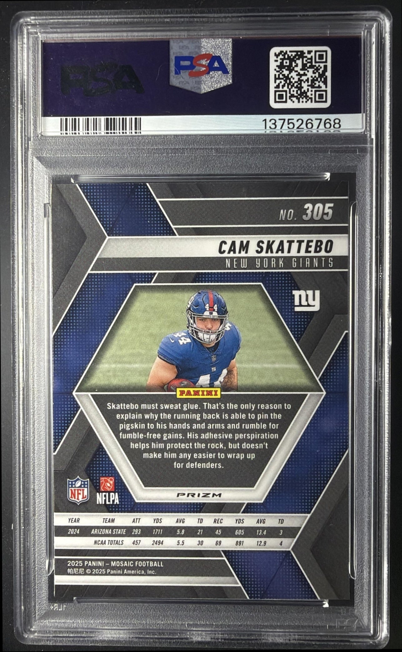 2025 Panini Mosaic Cam Skattebo #305 Rookies Red and White Stripe Prizm RC PSA 10