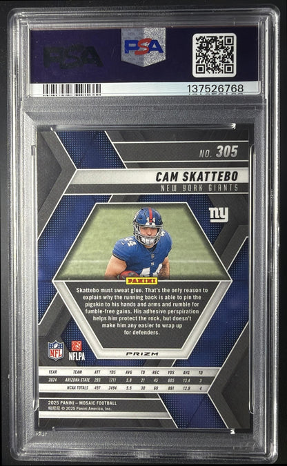 2025 Panini Mosaic Cam Skattebo #305 Rookies Red and White Stripe Prizm RC PSA 10