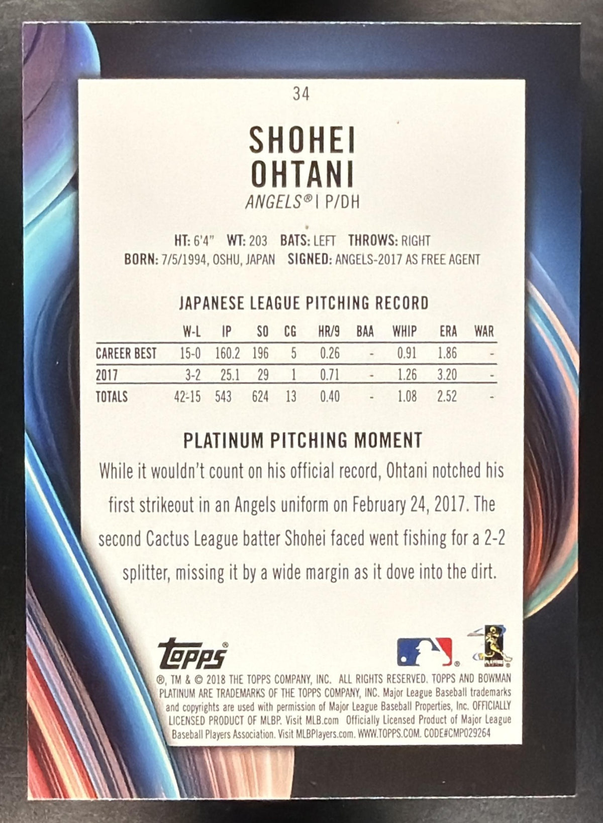 2018 Bowman Platinum Shohei Ohtani #34 RC