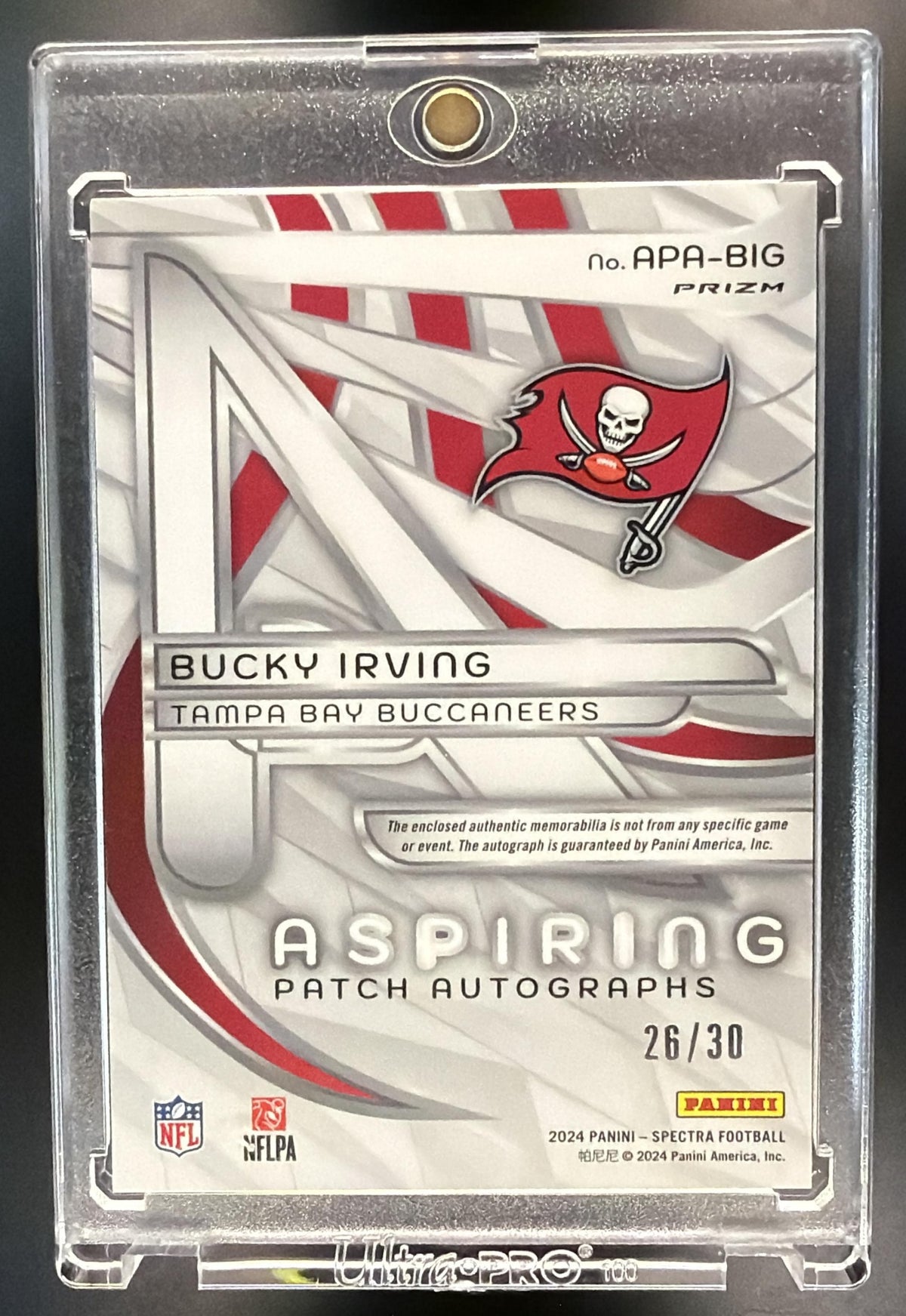 2024 Panini Spectra Bucky Irving #APA-BIG Aspiring Patch Auto Purple Neon /30 RC