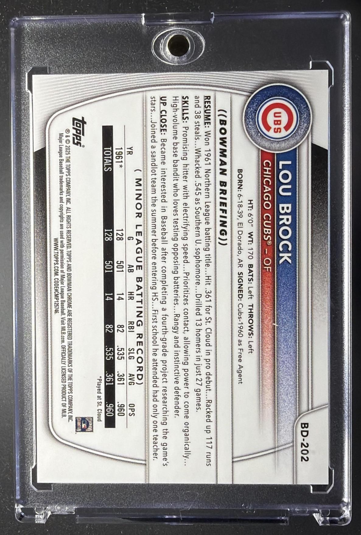 2025 Bowman Draft Lou Brock #BD-202 Chrome Retrofractor Orange Refractor /25 1st