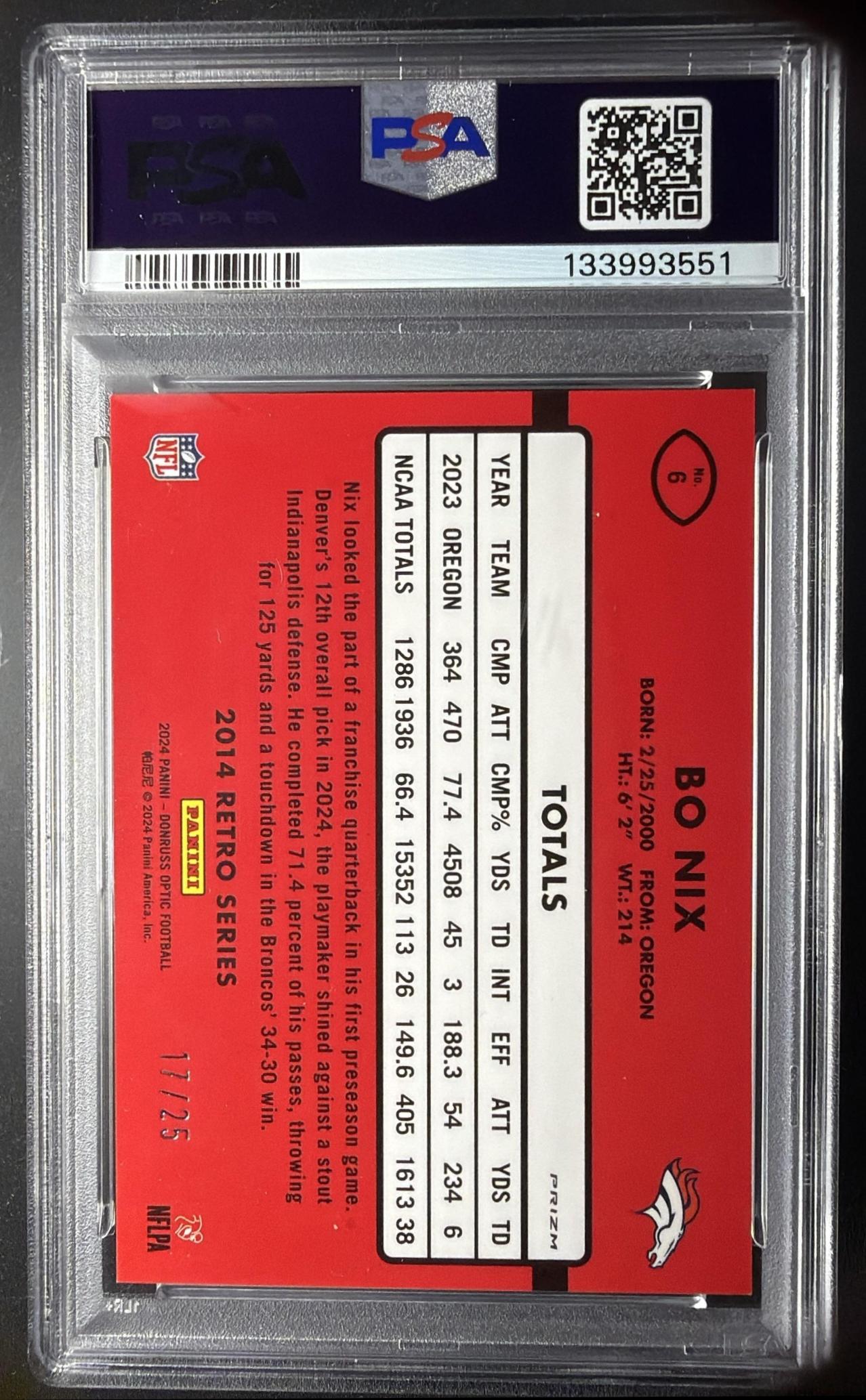 2024 Panini Donruss Optic Bo Nix Purple Stars /25 Retro Rookie #6 PSA 9