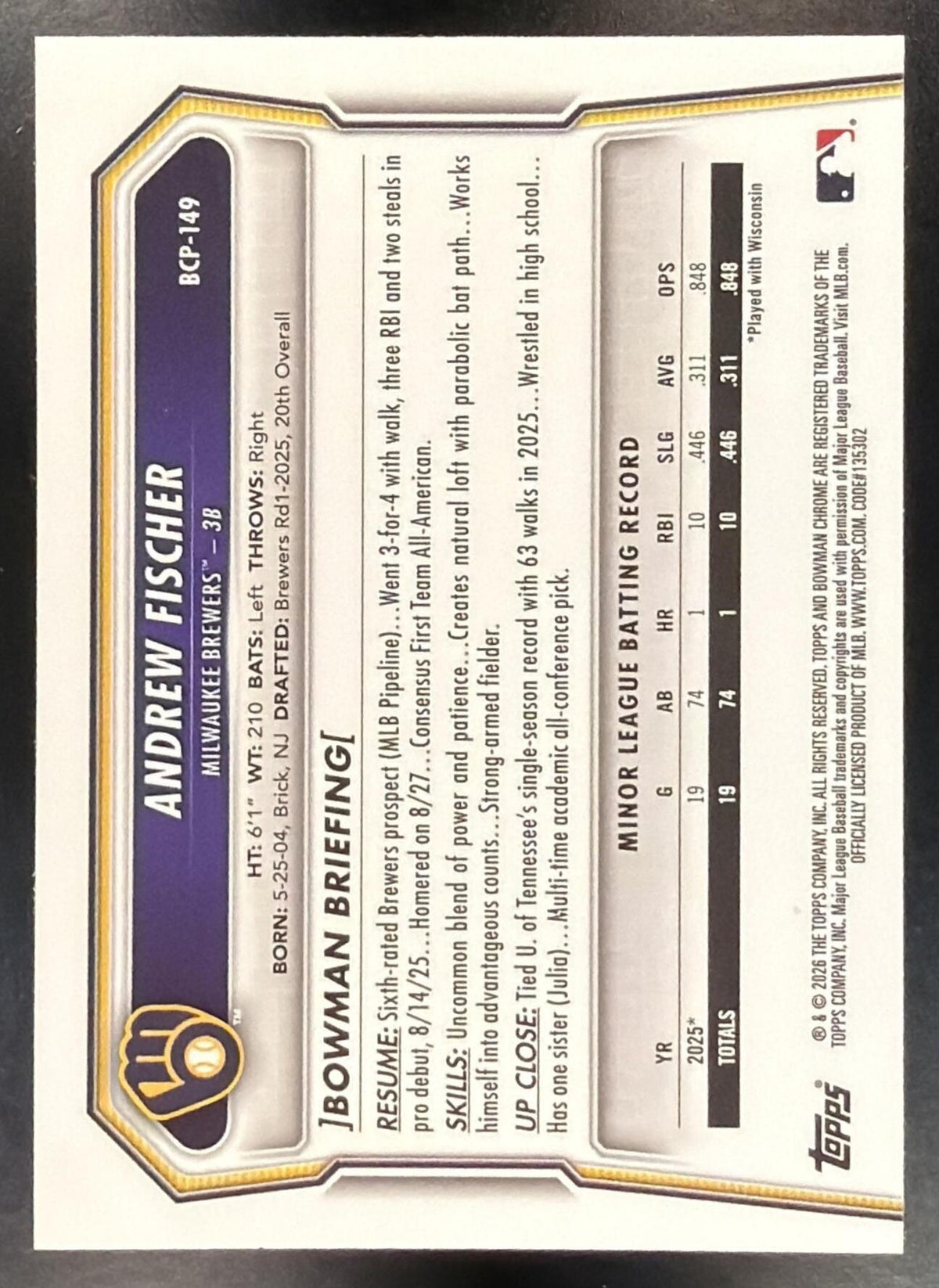 2026 Bowman Andrew Fischer #BCP-149 Chrome Wave Refractor 96/350 1st Prospect