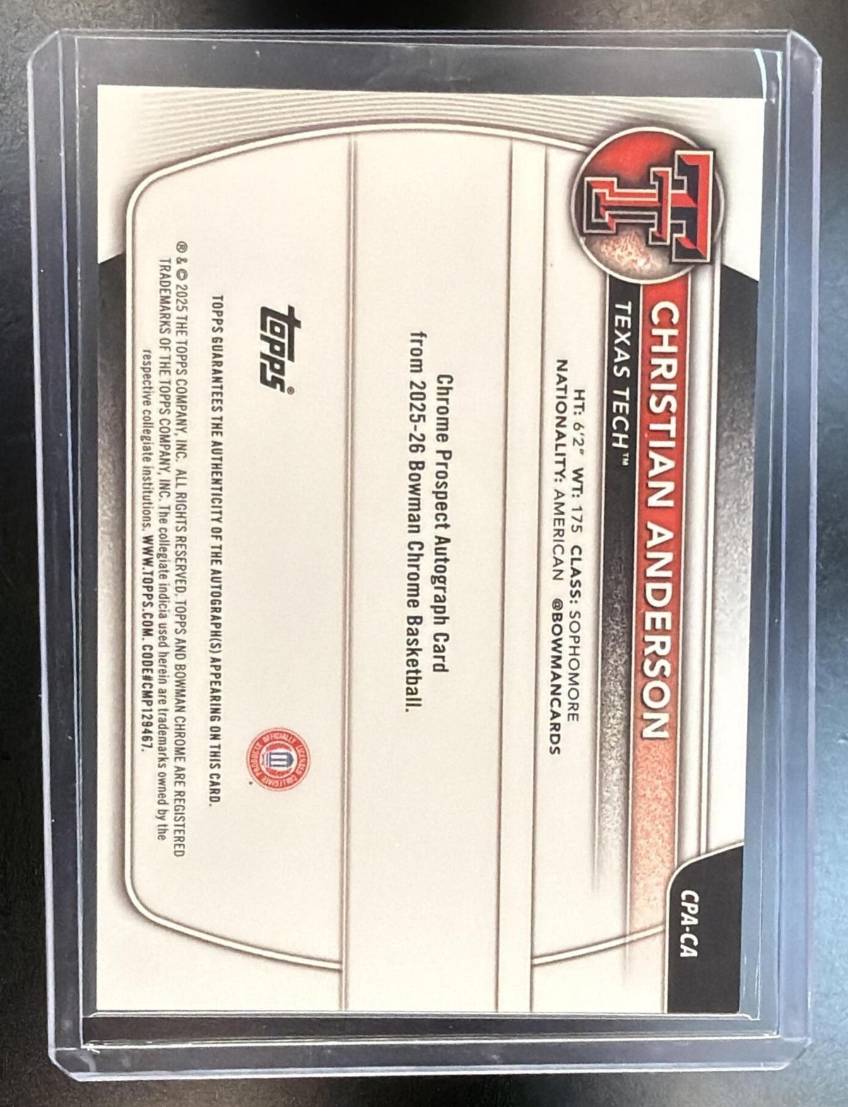 2025-26 Bowman University Christian Anderson #CPA-CA Speckle Refractor Auto 030/299 1st Bowman