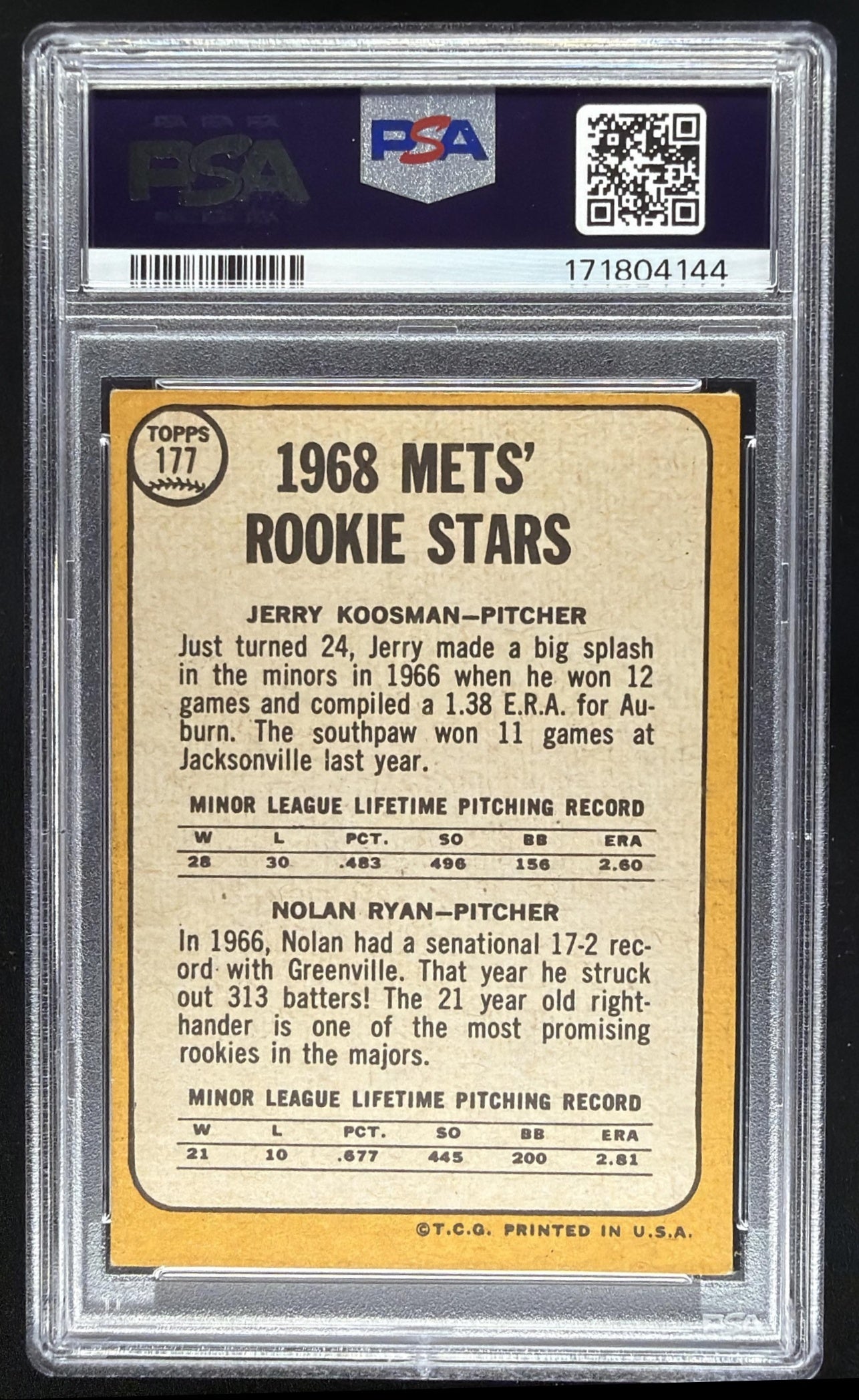 1968 Topps Mets Rookie Stars Jerry Koosman Nolan Ryan RC #177 RC PSA 3