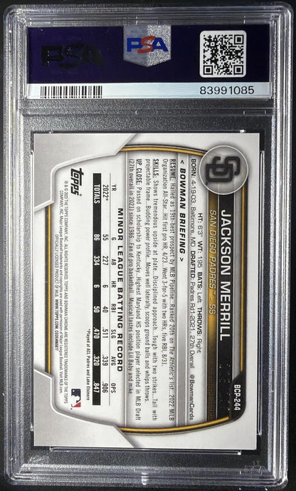 2023 Bowman Chrome Jackson Merrill #BCP-244 Prospects Pink Shimmer Refractor PSA 10