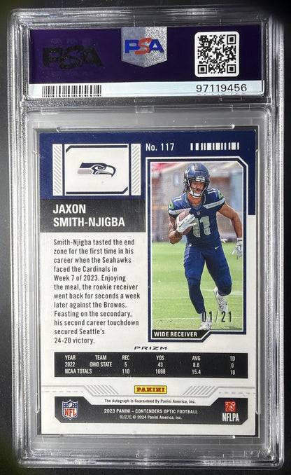 2023 Panini Contenders Optic Jaxon Smith-Njigba #117 Purple Pulsar /21 Auto RC PSA 9