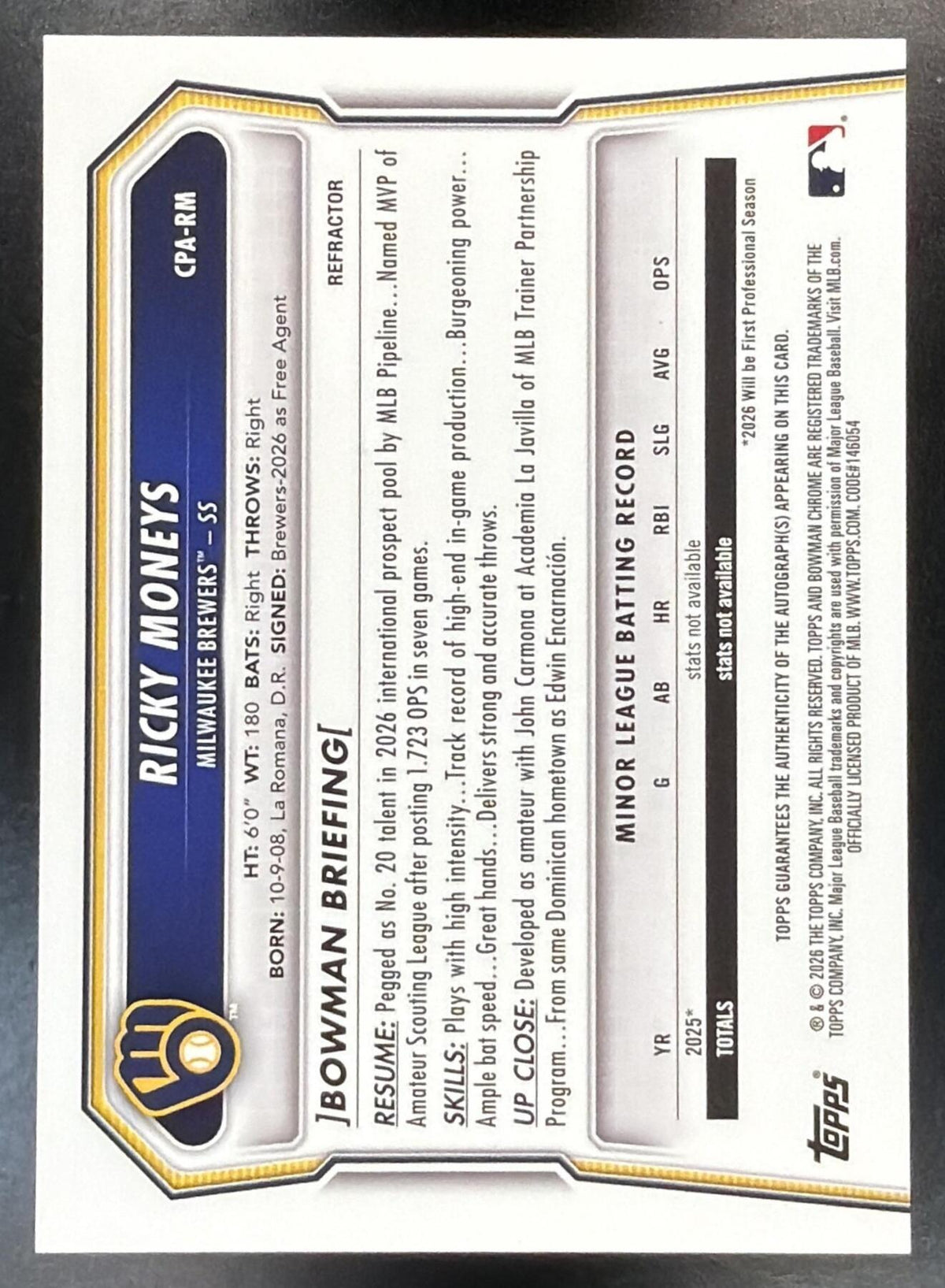 2026 Bowman Chrome Ricky Moneys #CPA-RM Auto Refractor 420/499 1st Brewers