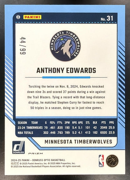 2024 Panini Donruss Optic Anthony Edwards #31 Red & Gold International Prizm 44/99