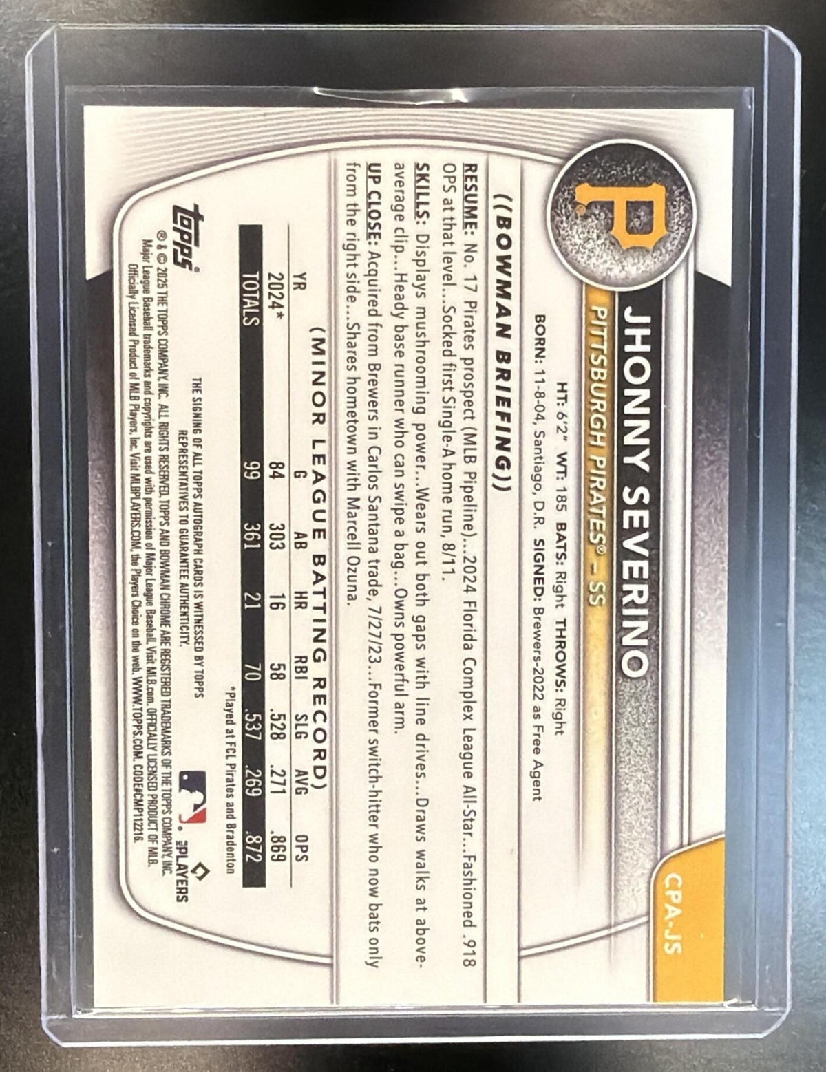 2025 Bowman Jhonny Severino #CPA-JS Purple Refractor Auto 196/250