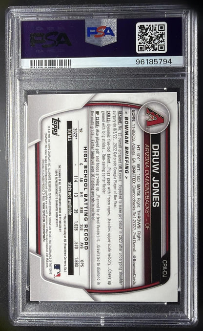 2023 Bowman Druw Jones #CPA-DJ Chrome Auto Speckle Refractor /299 1st Prospect PSA 9