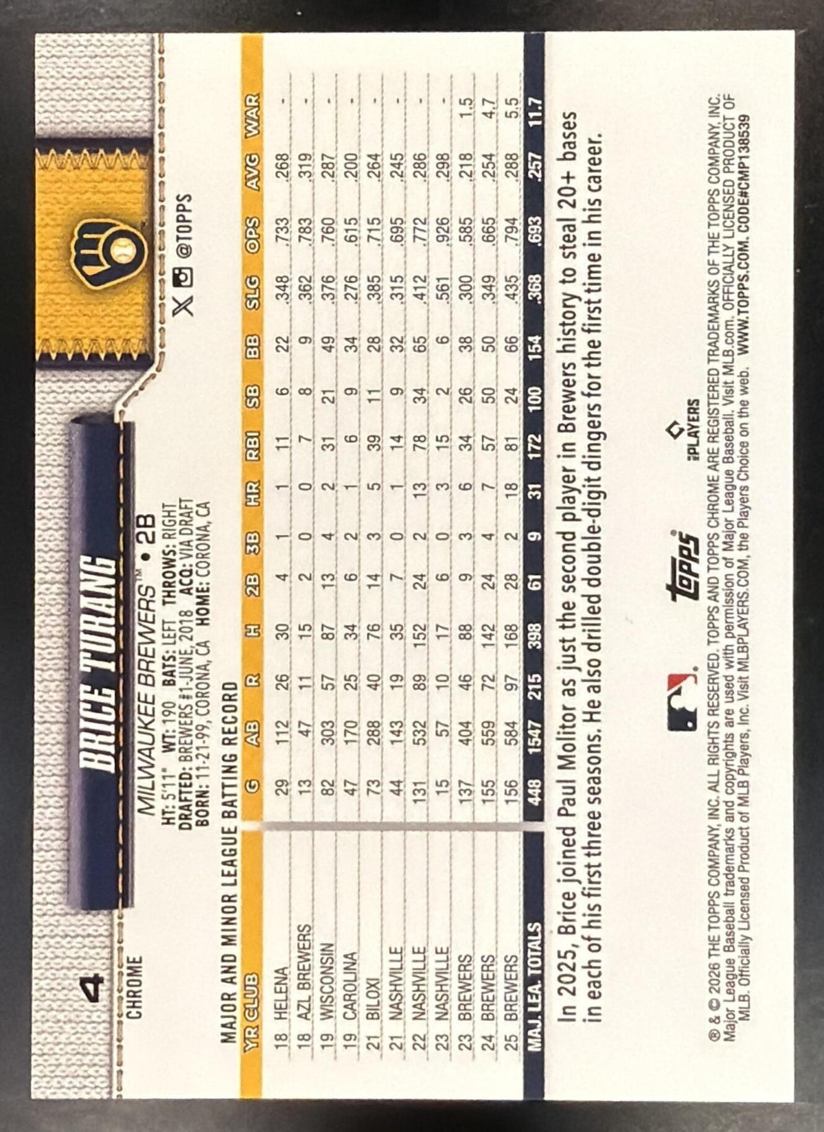 2026 Topps Chrome Sapphire Brice Turang #4 White Refractor 20/30