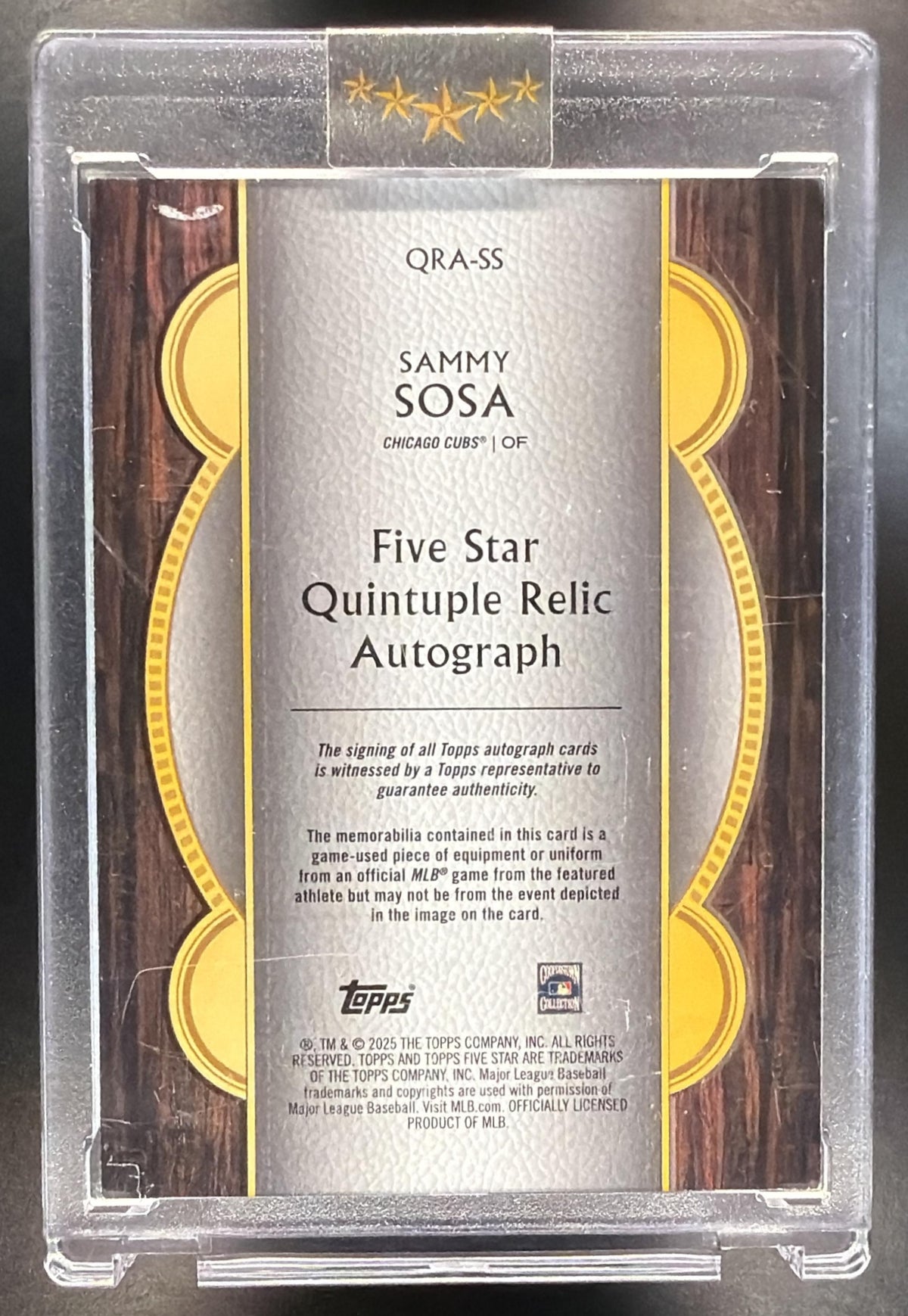 2025 Topps Five Star Sammy Sosa #QRA-SS Quintuple Bat Relic Auto Orange 2/5