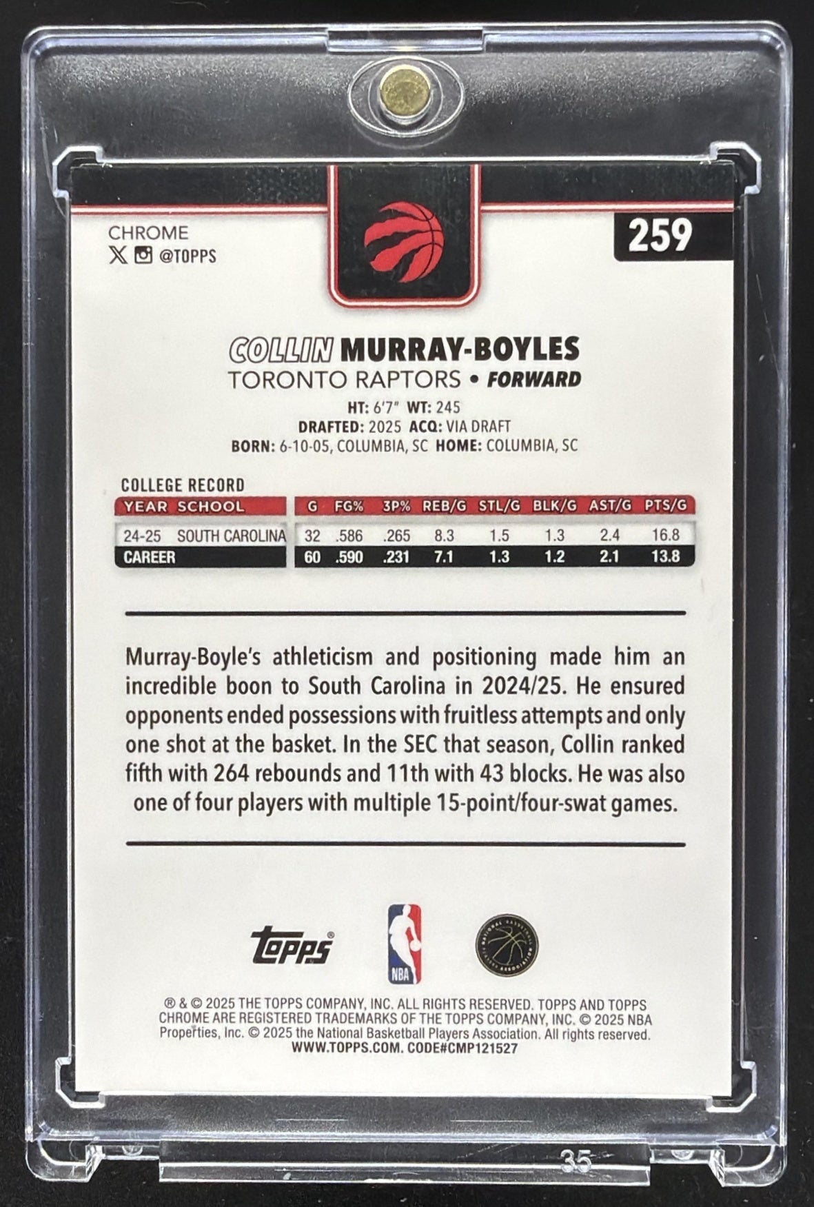 2025-26 Topps Chrome Collin Murray-Boyles #259 Orange Refractor 20/25 RC
