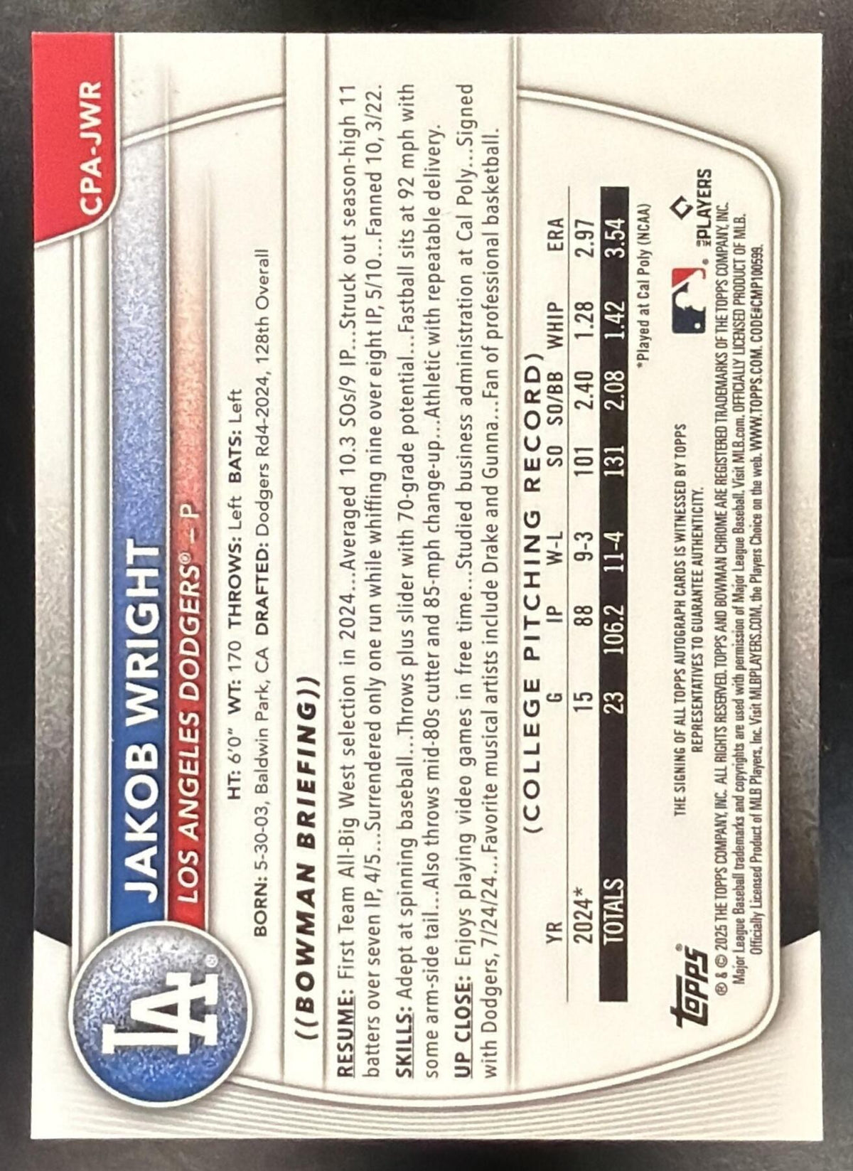 2025 Bowman Chrome Jakob Wright #CPA-JWR Auto Blue Refractor 115/150 1st Prospect