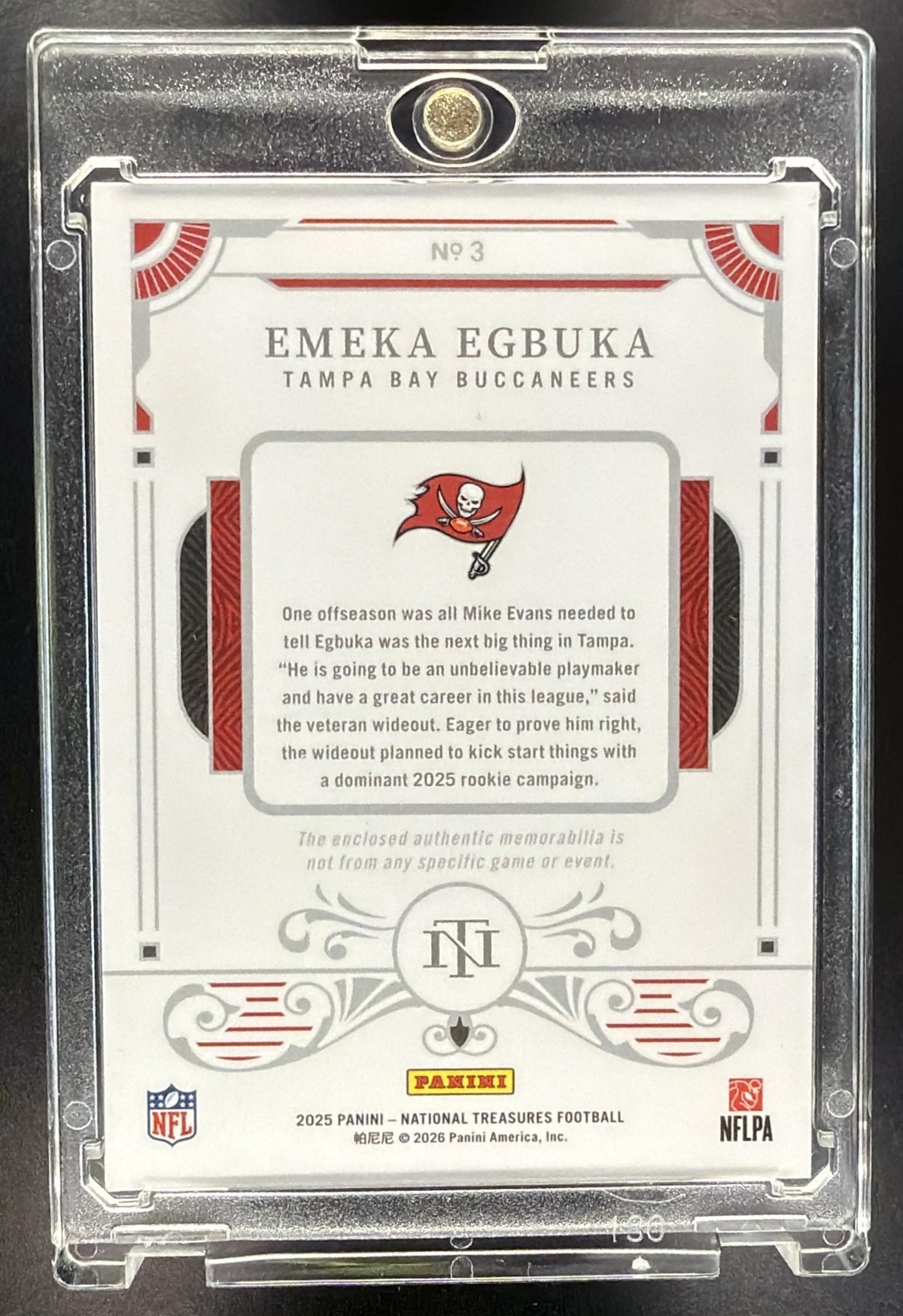 2025 Panini National Treasures Emeka Egbuka #3 Rookie Dual Materials Gold /35 Patch RC
