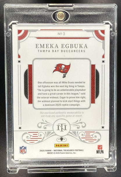 2025 Panini National Treasures Emeka Egbuka #3 Rookie Dual Materials Gold /35 Patch RC