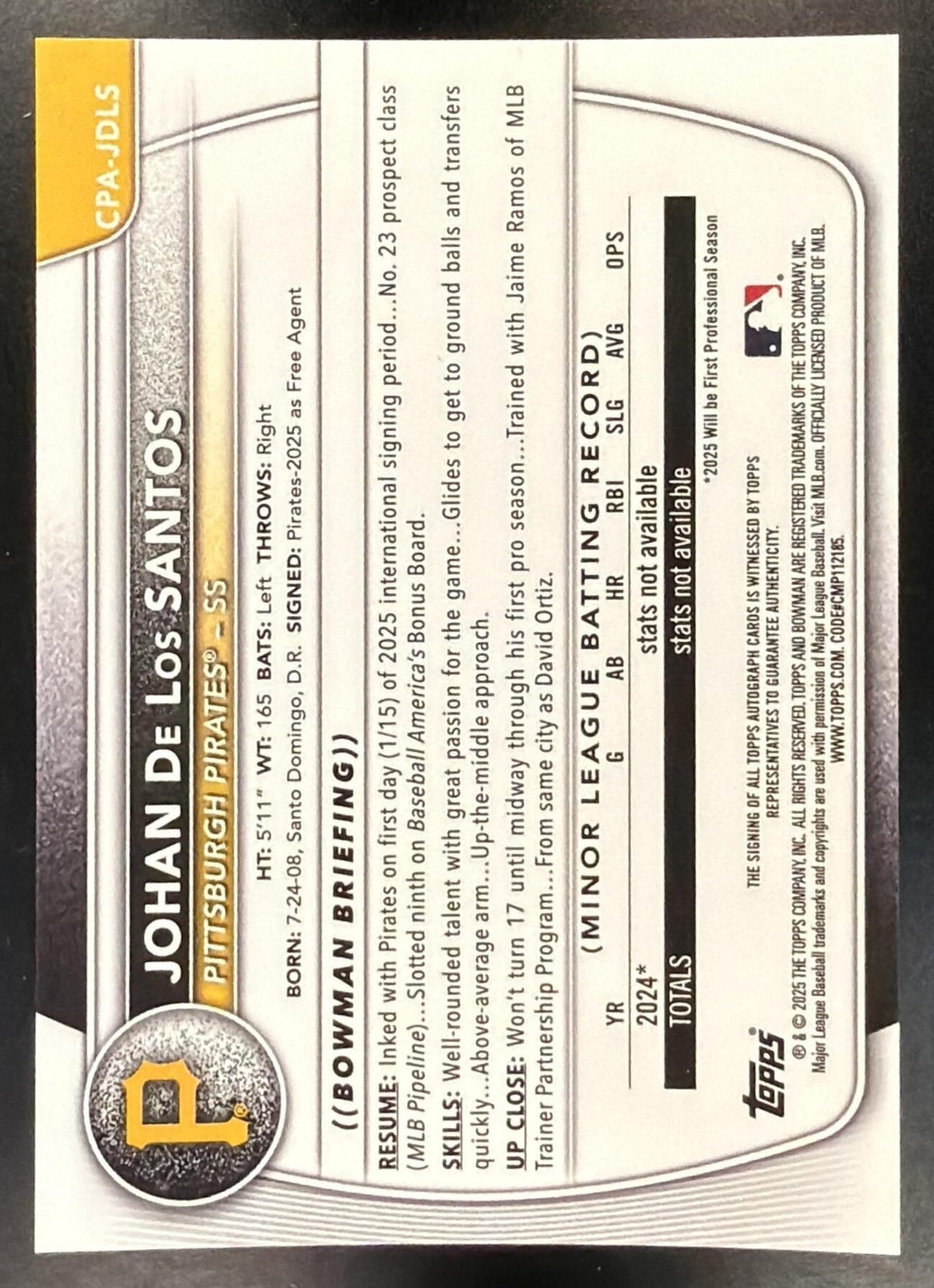 2025 Bowman Chrome Johan De Los Santos #CPA-JDLS Auto 1st Prospect