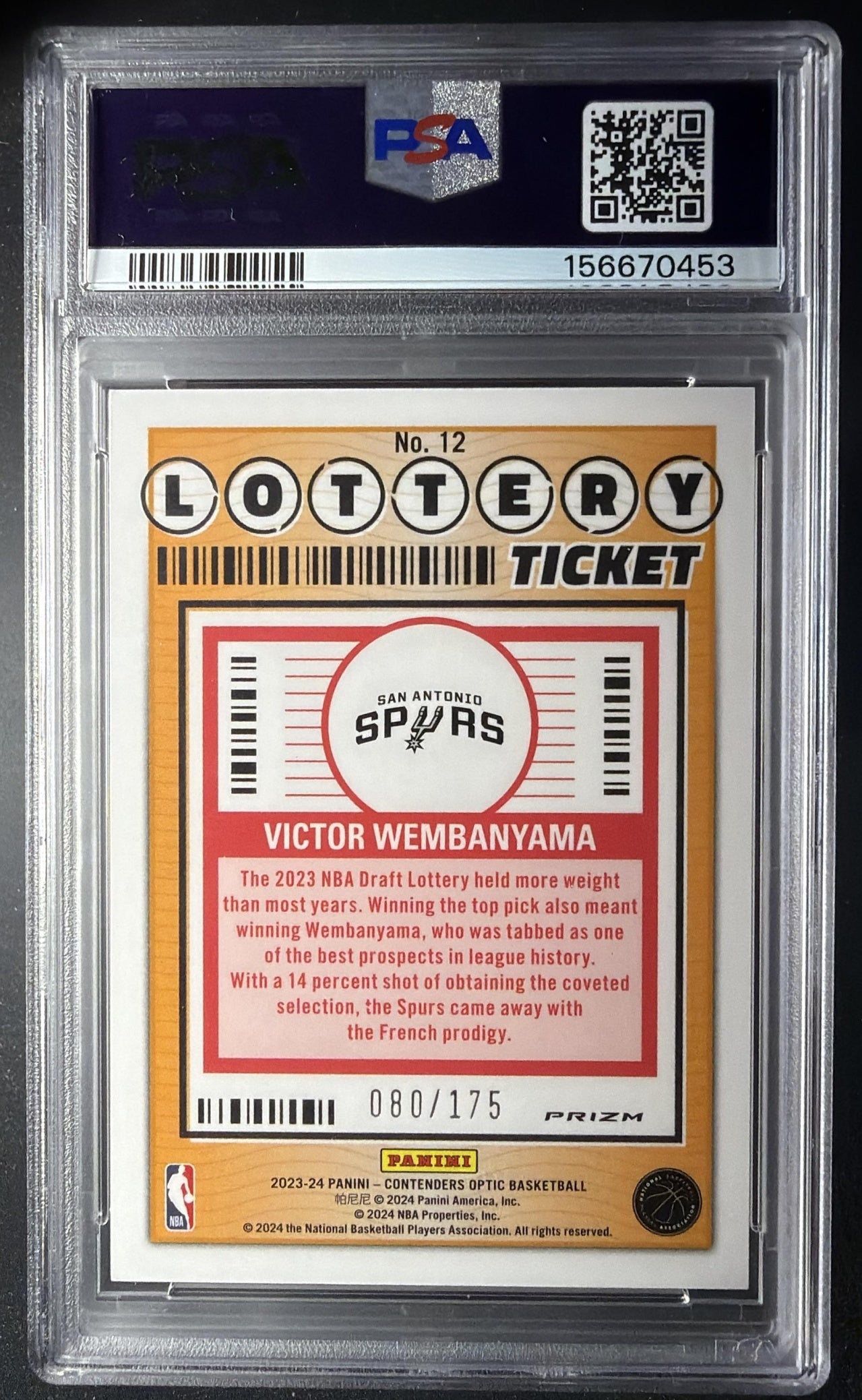 2023 Panini Contenders Optic Victor Wembanyama #12 Lottery Ticket Red Cracked Ice /175 RC PSA 10