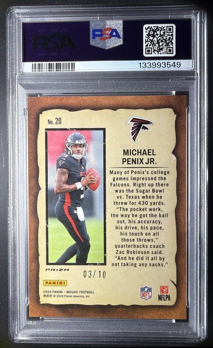2024 Panini Mosaic Michael Penix Jr. #20 Notoriety Green Fluorescent /10 RC PSA 9