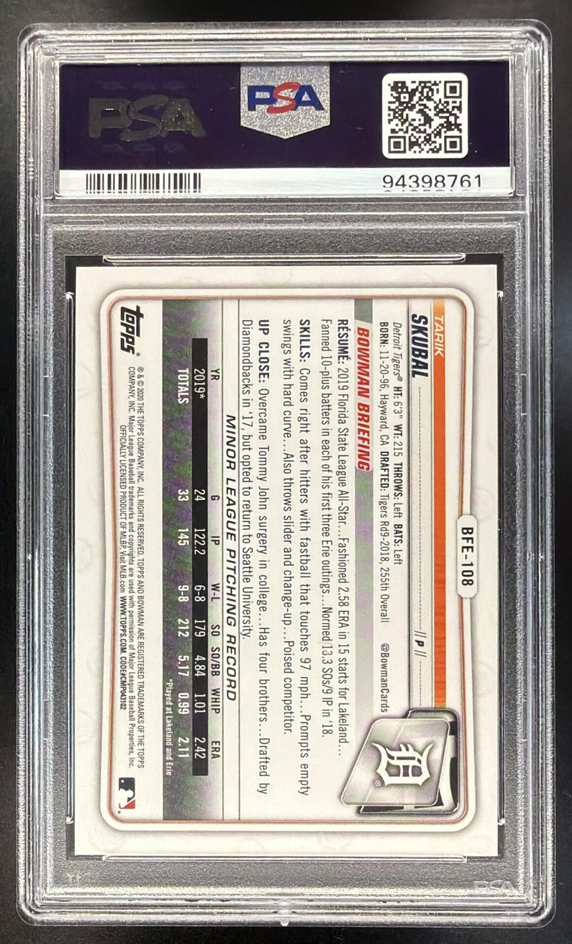2020 Bowman 1st Edition Tarik Skubal #BFE-108 Sky Blue PSA 10