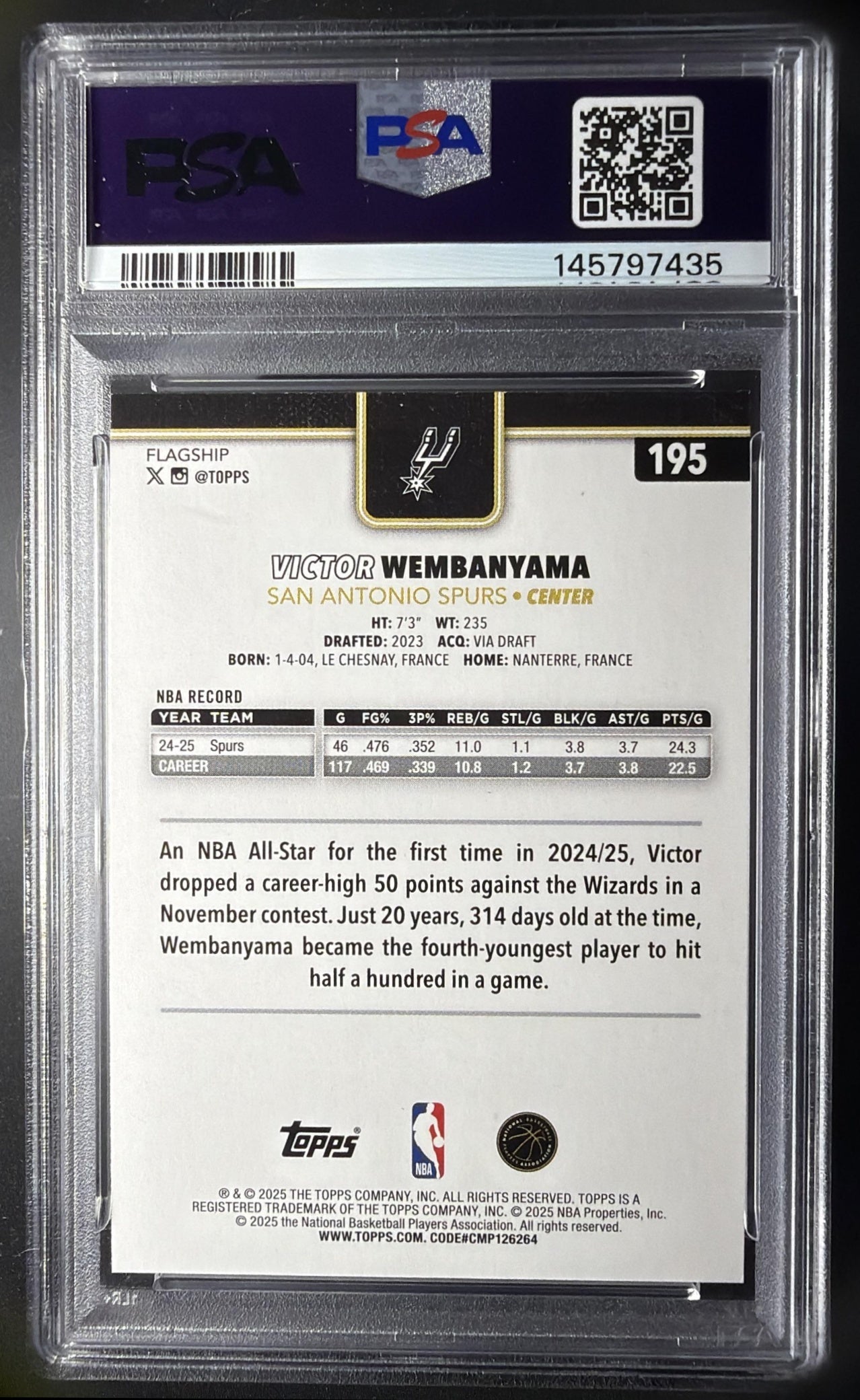 2025-26 Topps Victor Wembanyama #195 Crackleboard Foil PSA 9