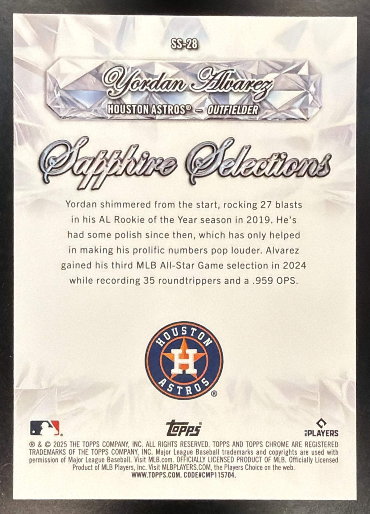 2025 Topps Chrome Sapphire Yordan Alvarez #SS-28 Sapphire Selections
