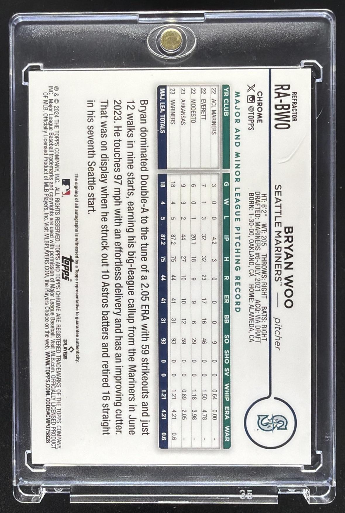 2024 Topps Chrome Bryan Woo #RA-BWO Rookie Auto Aqua Wave Refractor /199 RC
