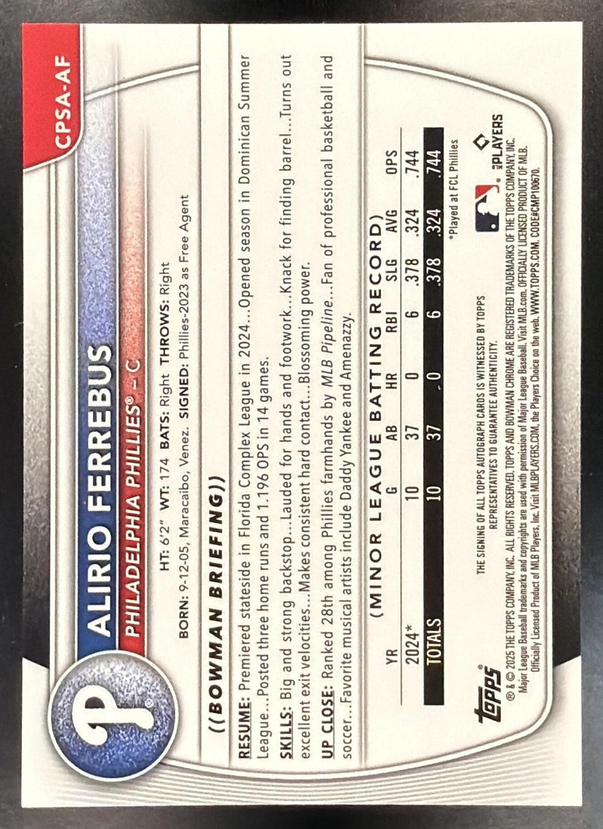 2025 Bowman Chrome Sapphire Alirio Ferrebus #CPSA-AF Auto 23/199 1st Prospect