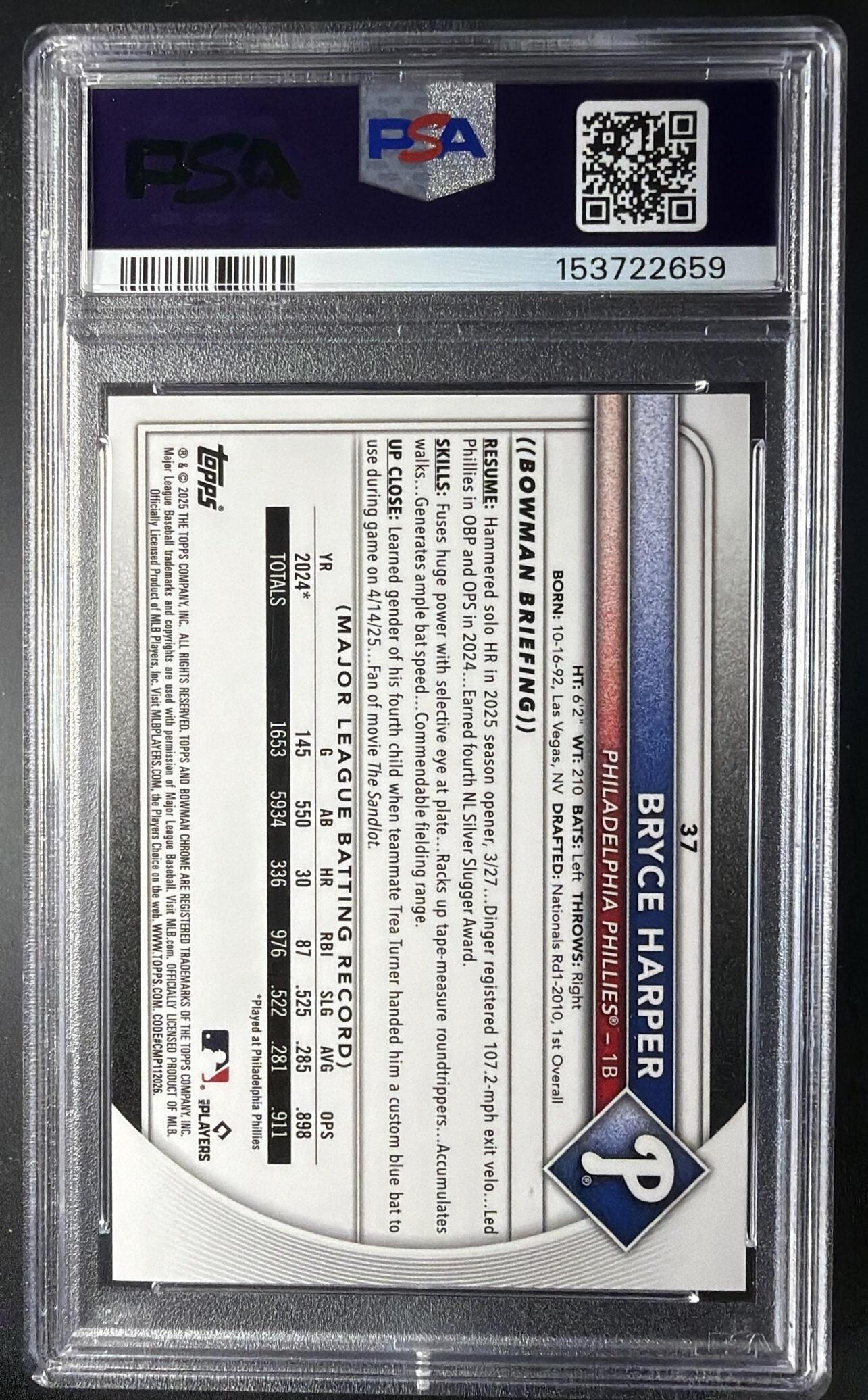 2025 Bowman Chrome Bryce Harper #37 Orange Geometric Refractor 2/25 PSA 9