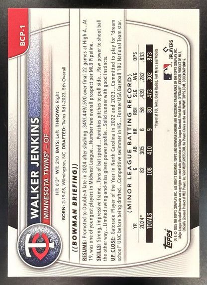 2025 Bowman Sapphire Walker Jenkins #BCP-1 Chrome Prospects Gold Refractor 7/50