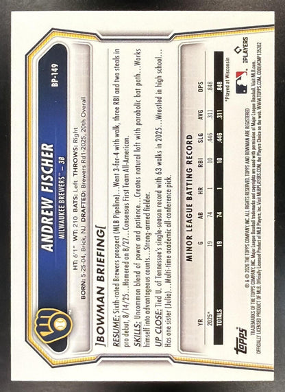 2026 Bowman Andrew Fischer #BP-149 Yellow Pattern 17/75 1st Prospect