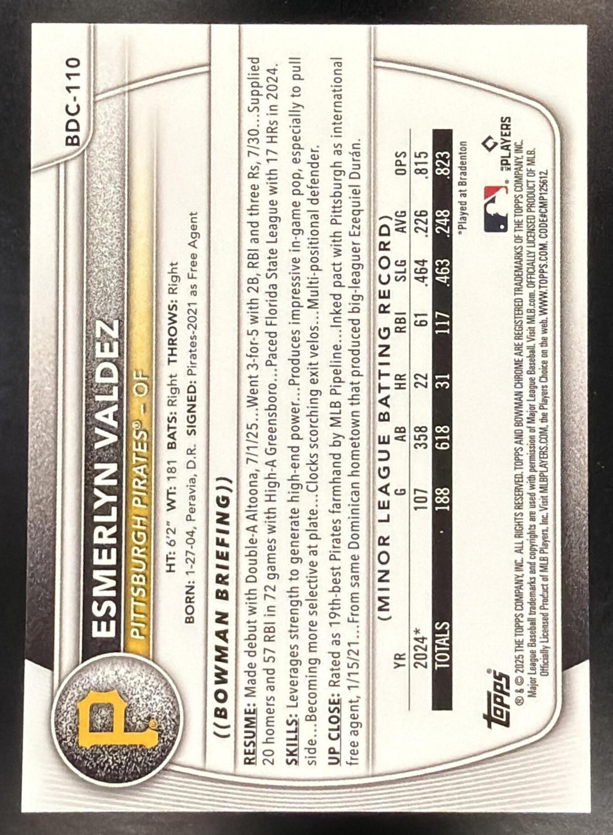 2025 Bowman Sapphire Baseball Esmerlyn Valdez #BDC-110 Gold 18/50