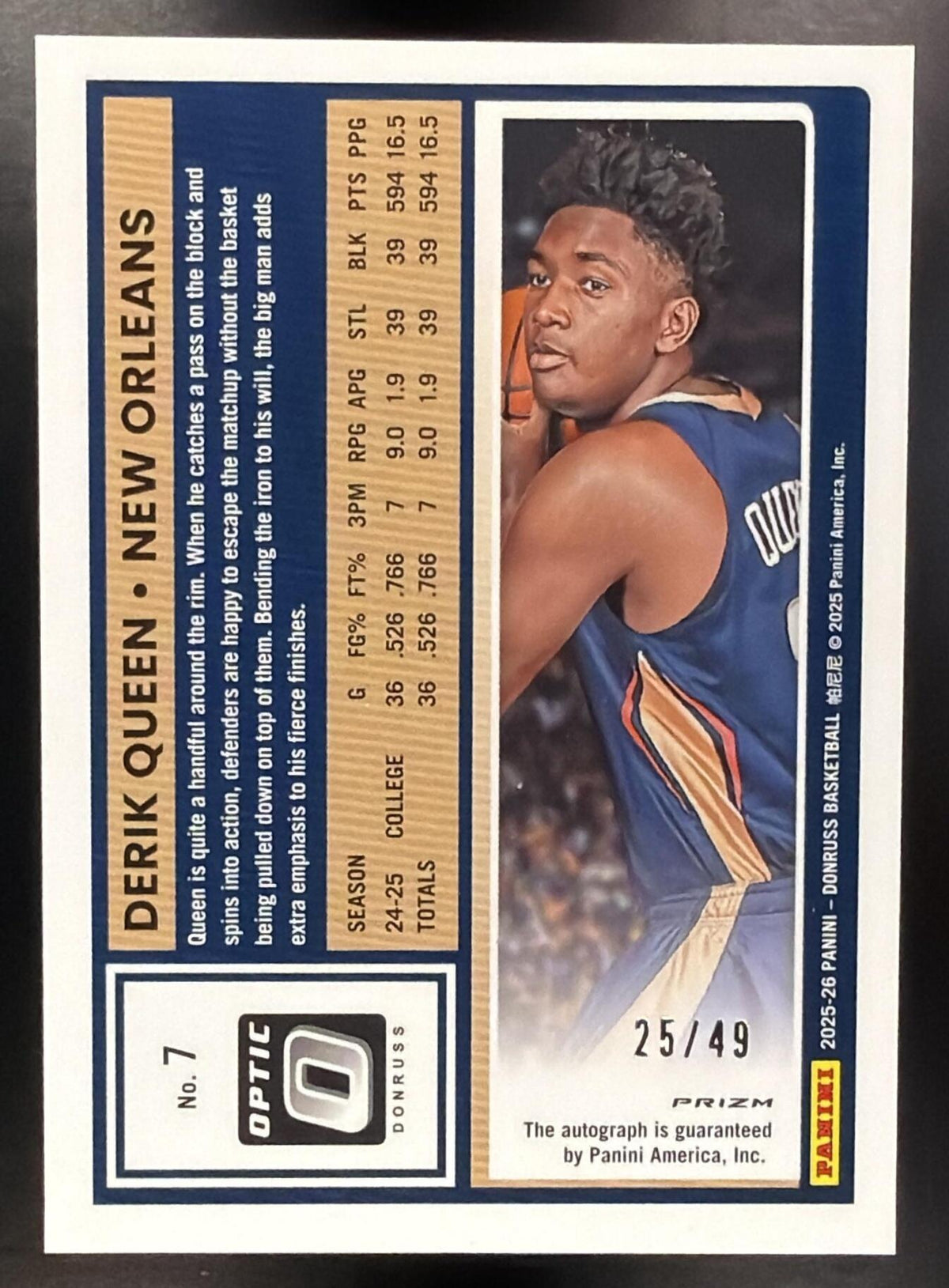 2025-26 Panini Donruss Derik Queen #7 Optic Auto Blue 25/49 RC