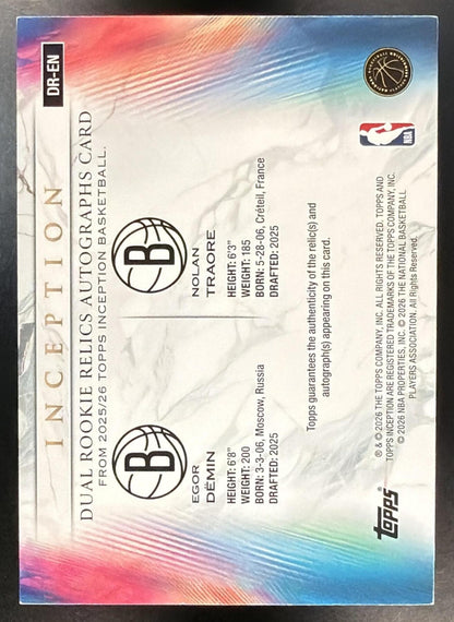 2025 Topps Inception Nolan Traore Egor Demin #DR-EN Dual Rookie Relic Auto Blue 25/25 RC