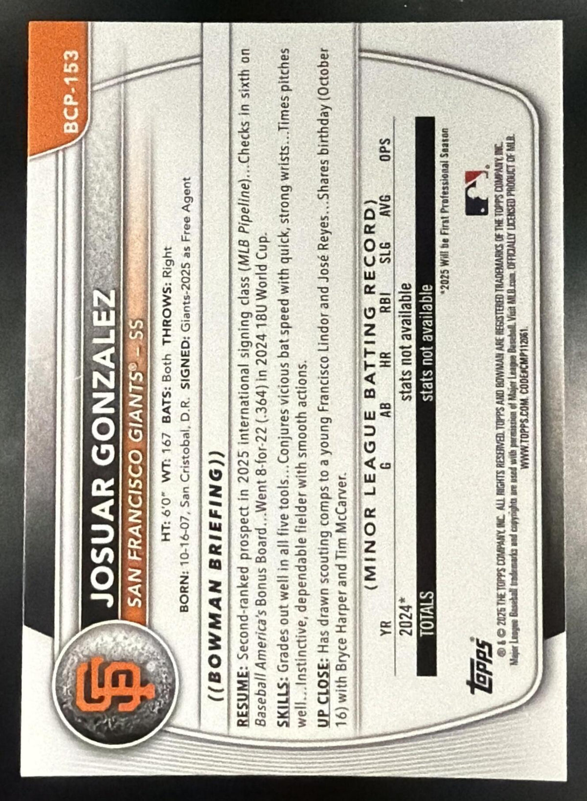 2025 Bowman Chrome Josuar Gonzalez #BCP-153 Green Shimmer 82/99 1st