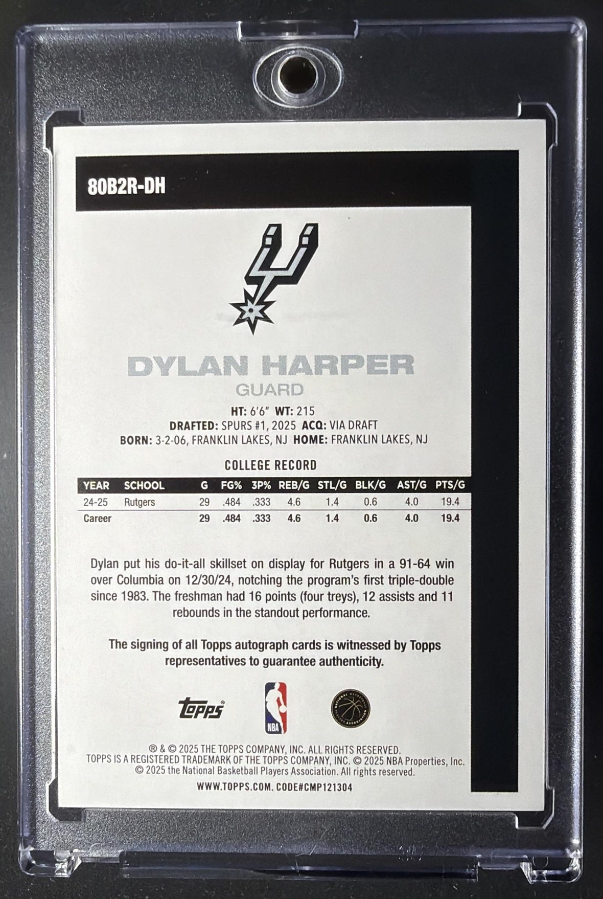 2025-26 Topps Dylan Harper #80B2R-DH 1980-81 Rookie Auto Gold Rainbow /50 RC