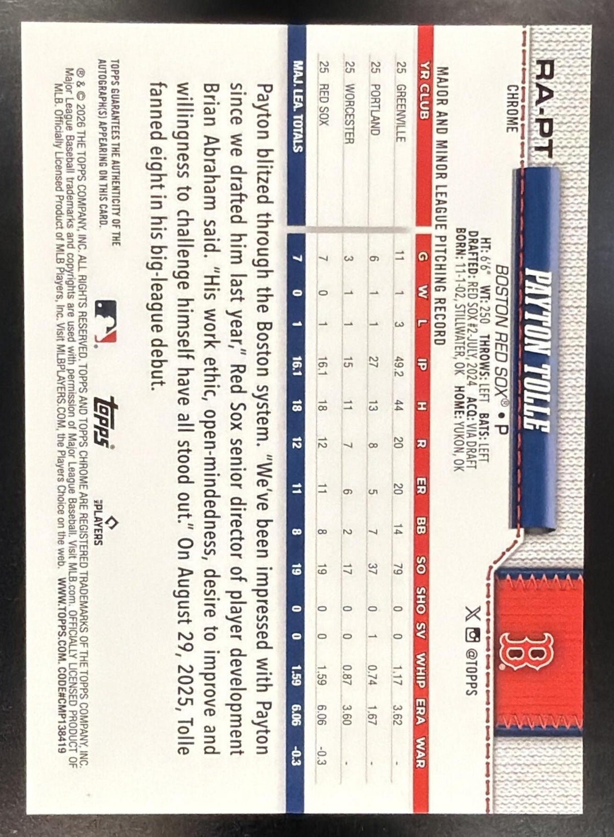 2026 Topps Chrome LogoFractor Payton Tolle #RA-PT logofractor Rookie Auto RC