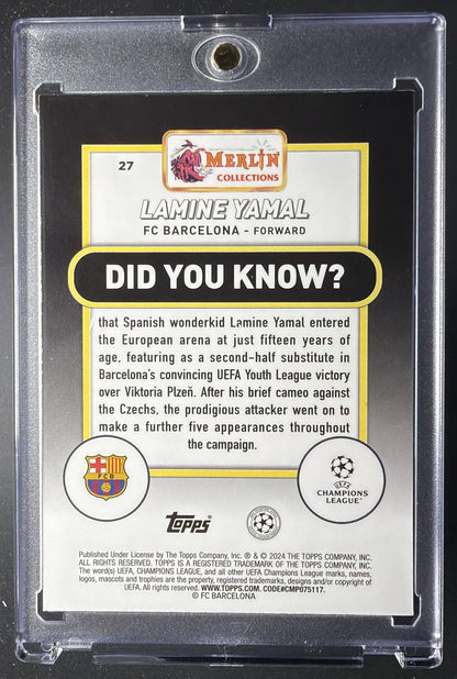 2023 Topps Chrome Merlin UEFA Club Competitions Lamine Yamal #27 Aqua Prism Refractor RC
