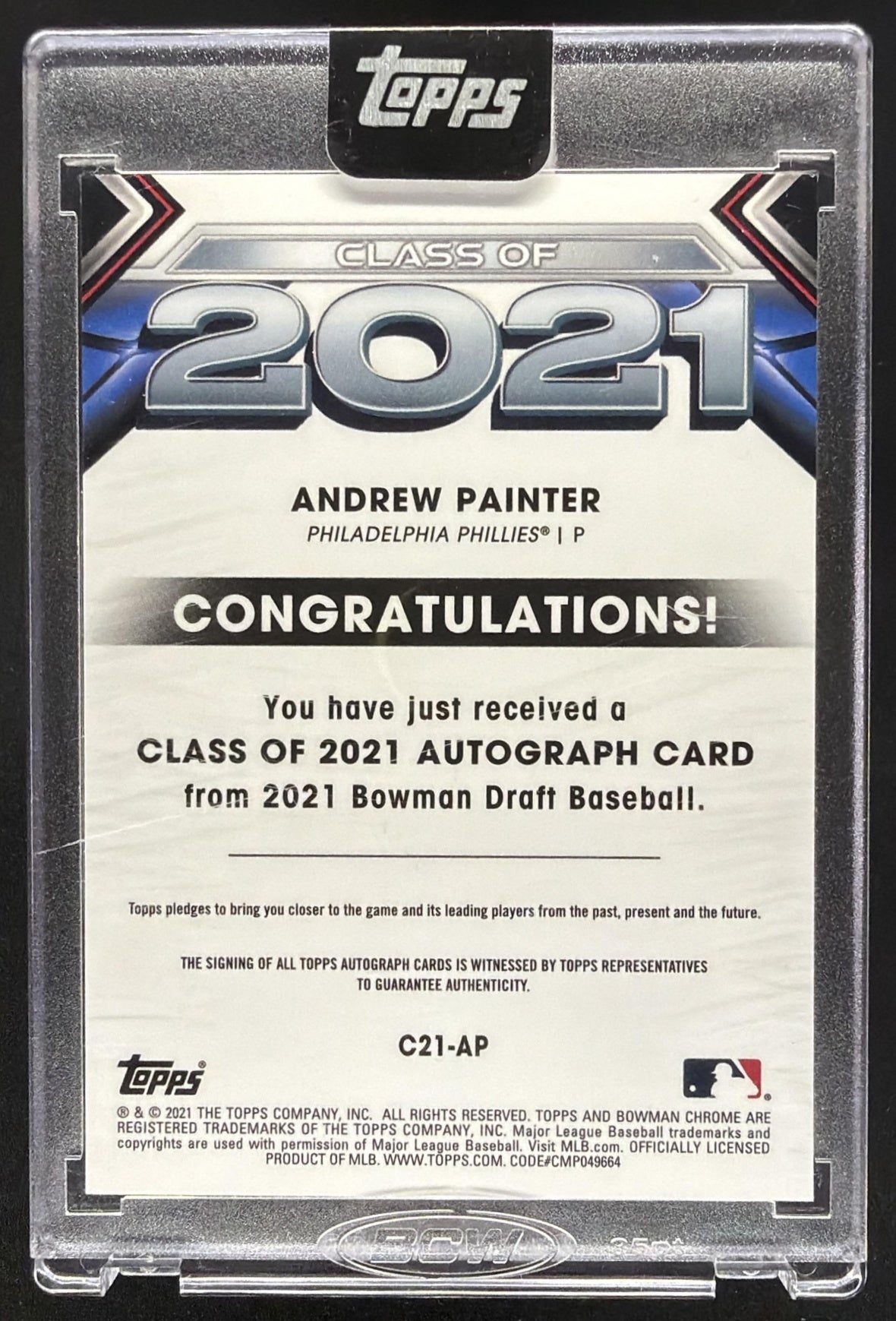 2021 Bowman Draft Andrew Painter #C21-AP Class of Auto Gold Refractor 45/50