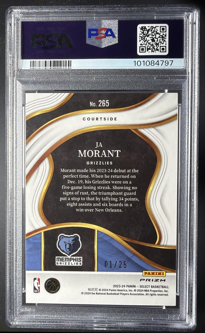 2023-24 Panini Select Ja Morant #265 Blue Disco Prizm 1/25 Courtside PSA 10