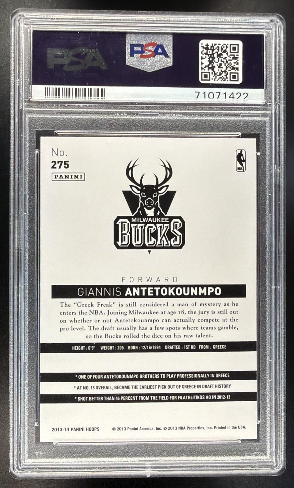 2013-14 Panini Hoops Giannis Antetokounmpo #275 RC PSA 10